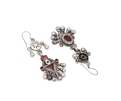 Silver Handcrafted Red Tribal Silver Earrings-Earrings-Sangeeta Boochra