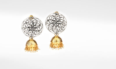 24Carat Gold Plated Silver Jhumka Earrings, Very Beautiful Kundan Moti Work Hanging Jhumka Pair