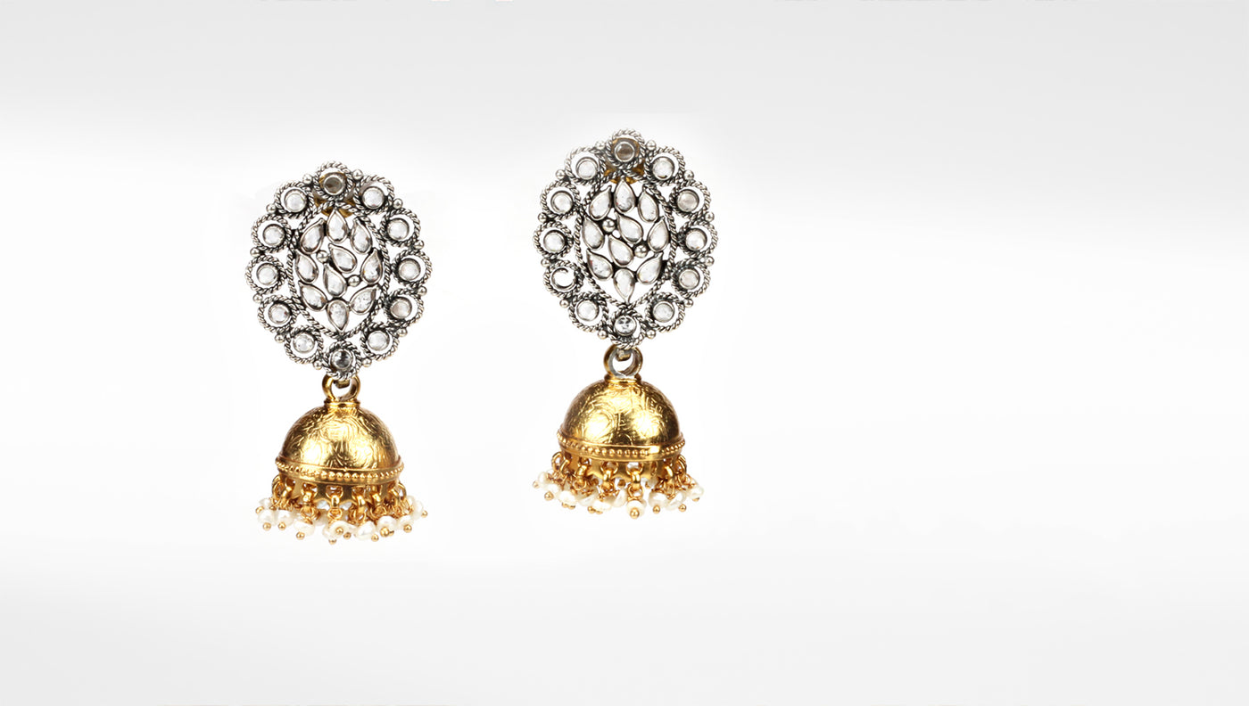 Most Beautiful Silver Jhumka Earring Attached With Gold Plated Hanging Bell Jhumka