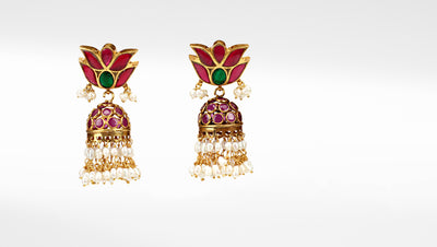 Beautiful Gold Plated Jhumka Earrings, Tourmaline Gemstone Earring Pair