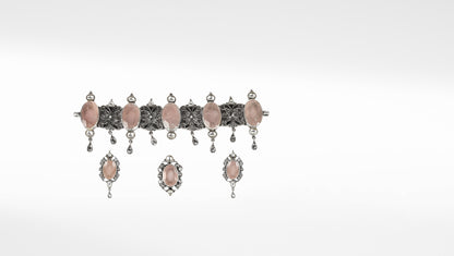 Qurbat Silver Rose Quartz Necklace with Earrings and Ring