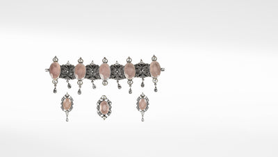 Qurbat Silver Rose Quartz Necklace with Earrings and Ring