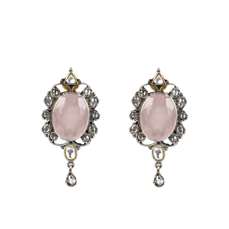 Qurbat Silver Rose Quartz Necklace with Earrings and Ring-Sets-Sangeeta Boochra