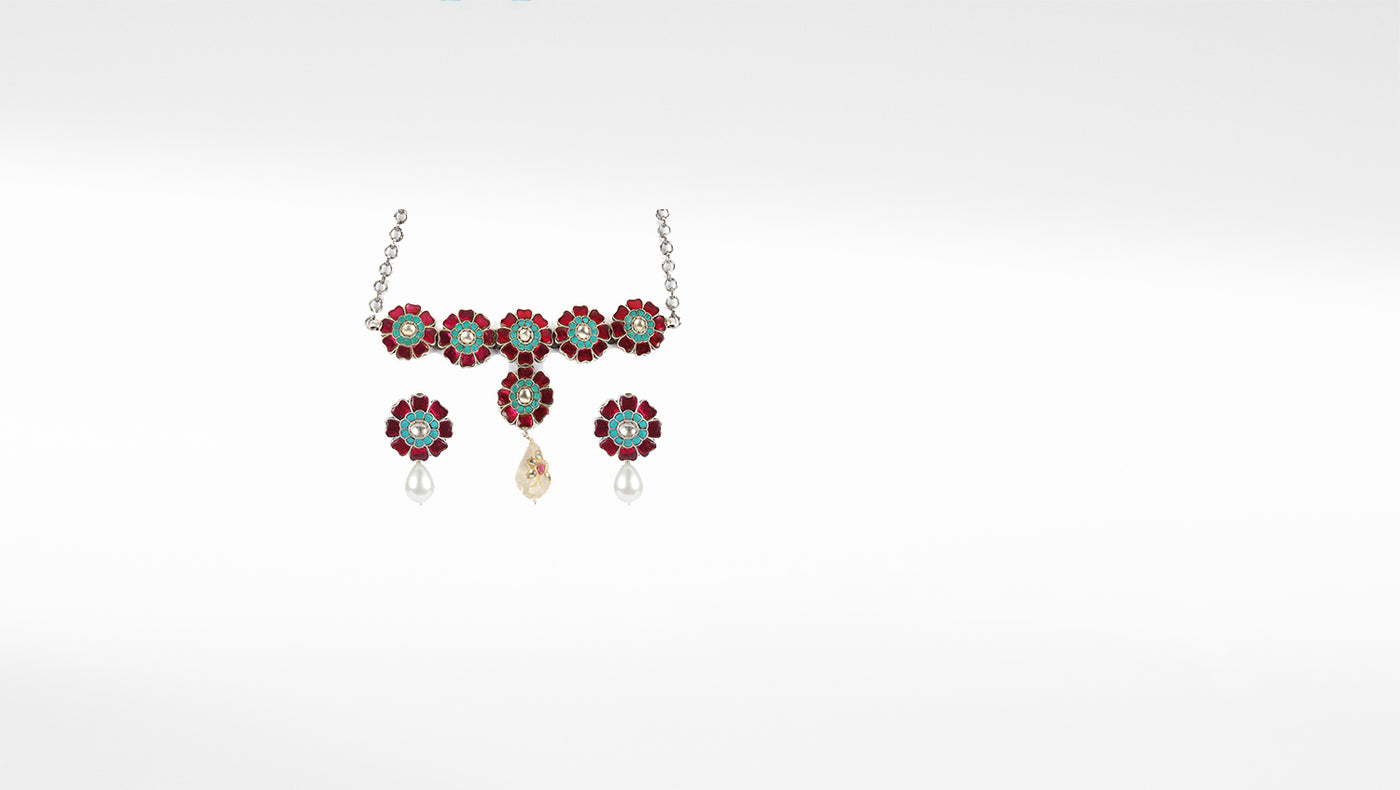 Afs Silver Kundan Necklace with Stone Earrings