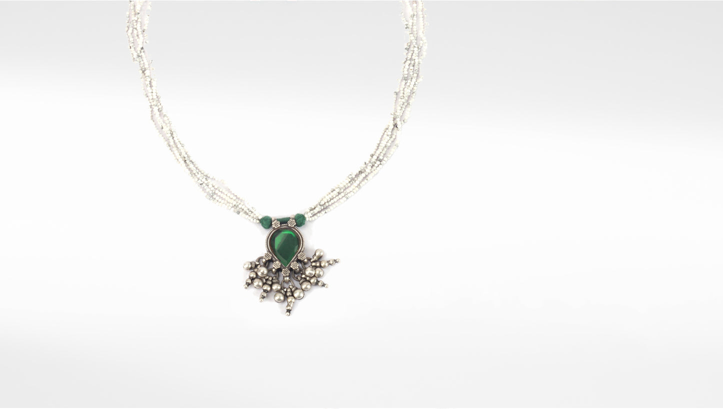 Sangeeta Boochra Green Tribal Silver Necklace