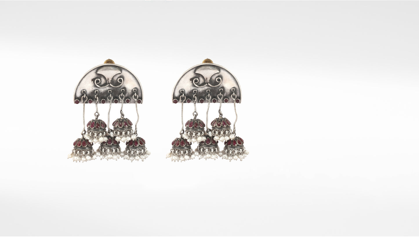 Sangeeta Boochra Red Tribal Silver Earrings With Pearls