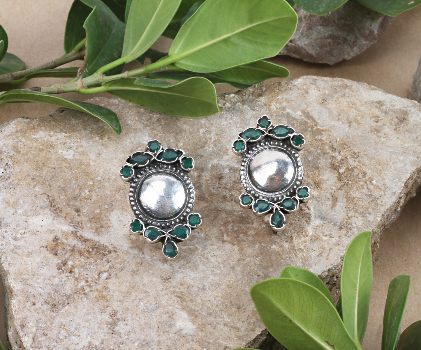 Sangeeta Boochra Green Tribal Silver Earrings