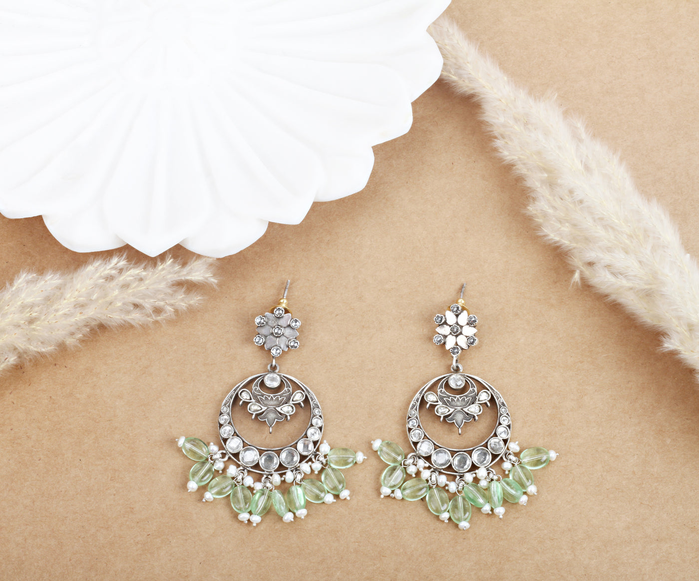 Sangeeta Boochra Green Tribal Silver Earrings With Pearls