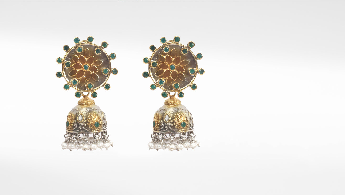 Sangeeta Boochra Green Dual Tone Tribal Silver Earrings With Pearls