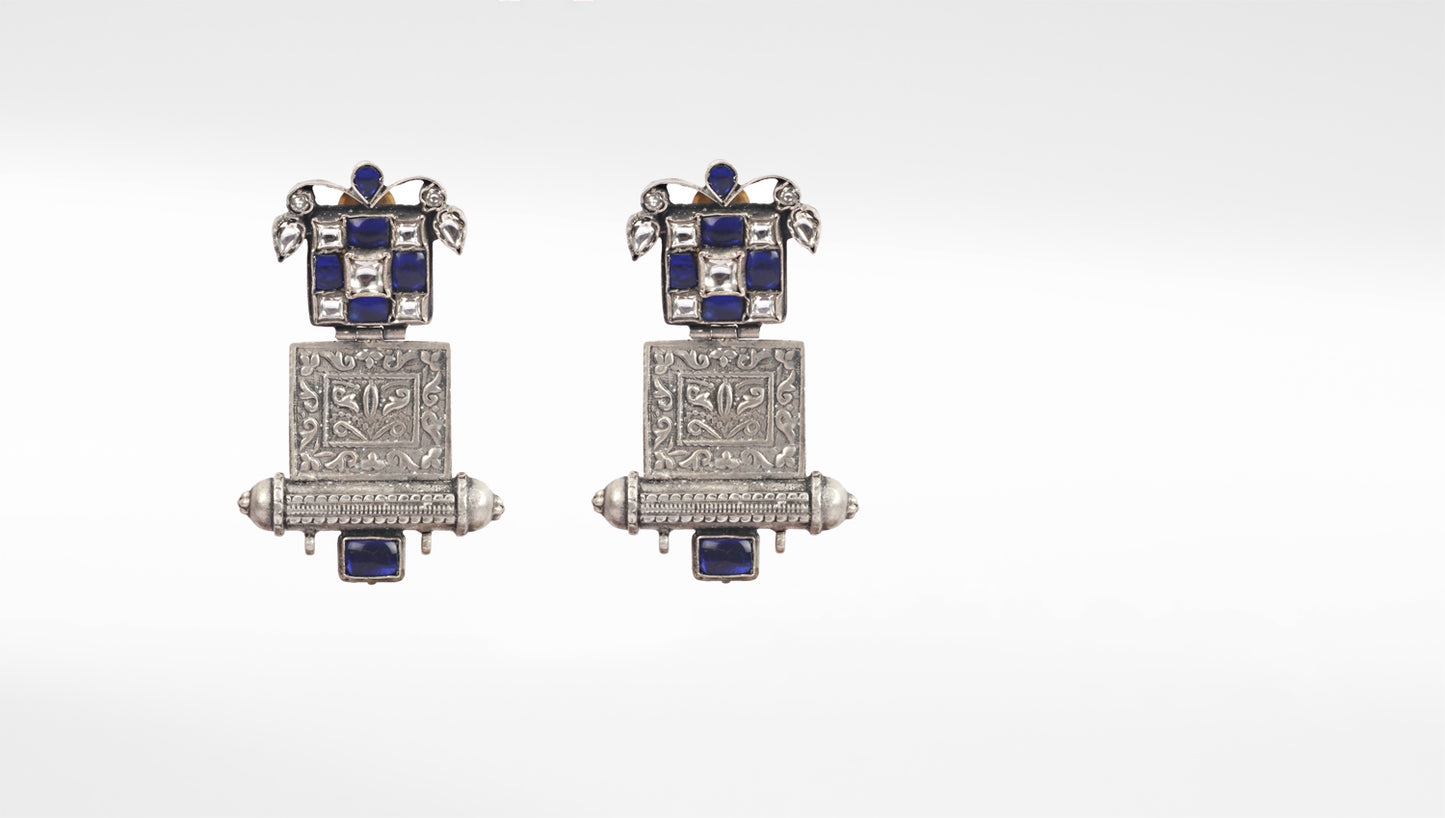 Sangeeta Boochra Blue Tribal Silver Earrings