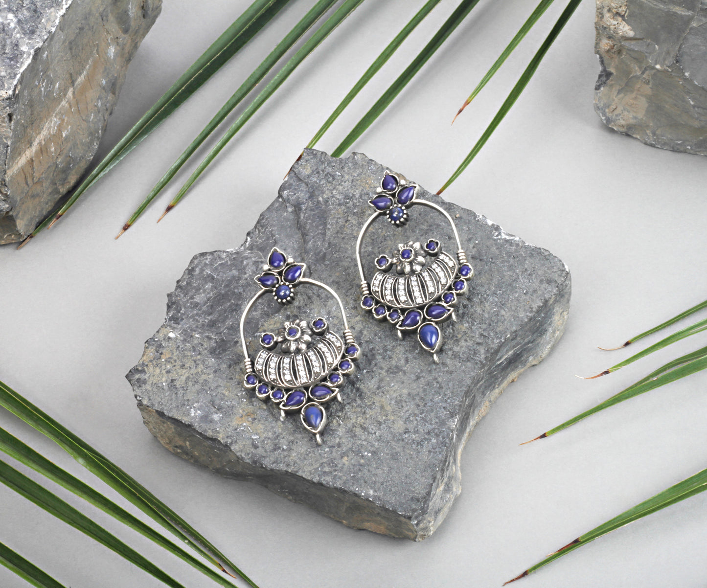 Sangeeta Boochra Blue Tribal Silver Earrings