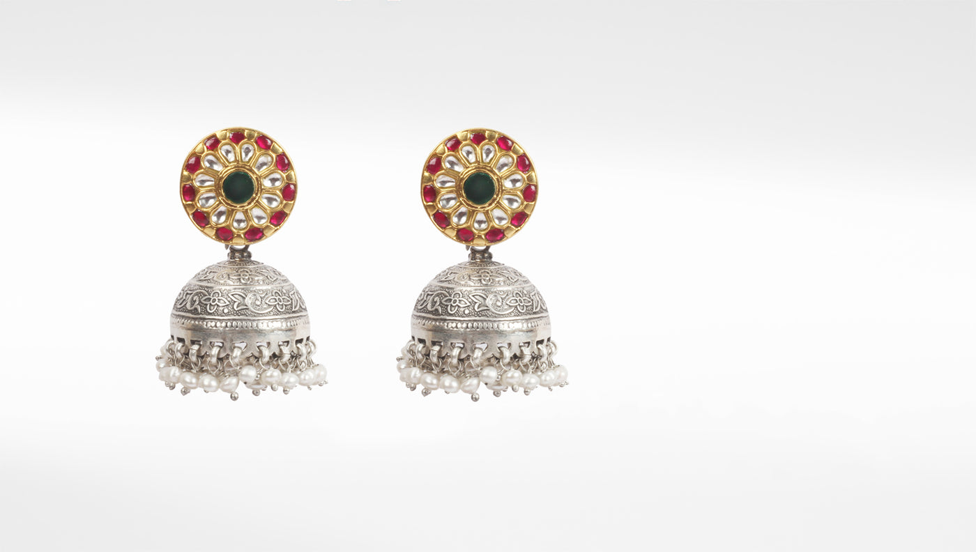 Sangeeta Boochra Red Tribal Silver Earrings With Pearls