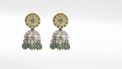 Sangeeta Boochra Green Dual Tone Tribal Silver Earrings