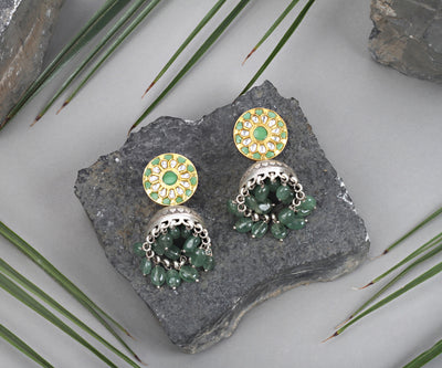 Sangeeta Boochra Green Dual Tone Tribal Silver Earrings