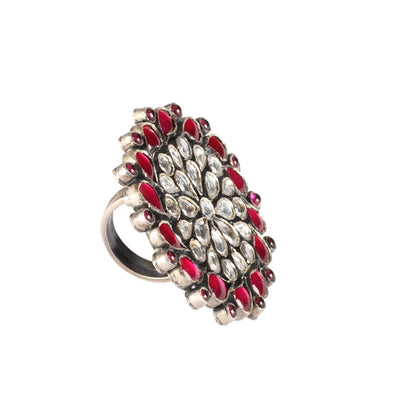 Sangeeta Boochra Red Green Silver Tone Handmade Ring-Ring-Sangeeta Boochra