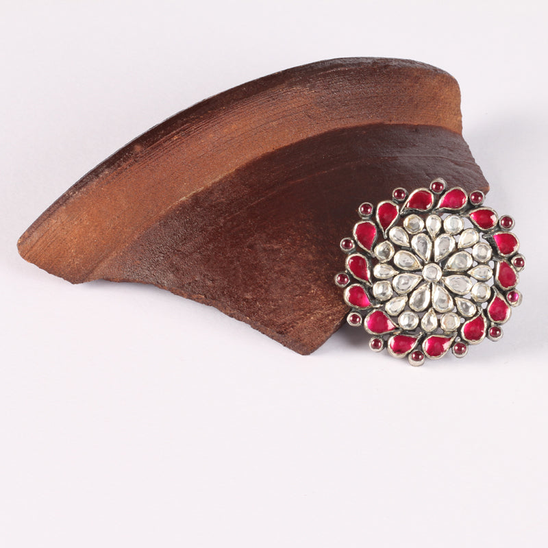 Sangeeta Boochra Red Green Silver Tone Handmade Ring-Ring-Sangeeta Boochra