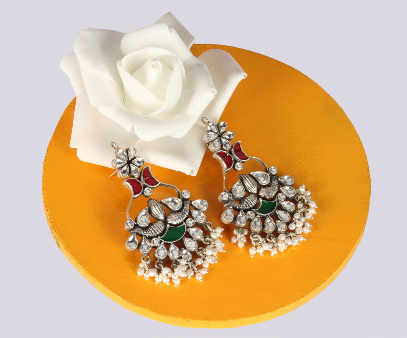 Sangeeta Boochra Red Green Silver Tone Handmade Earrings with Pearls-Earrings-Sangeeta Boochra