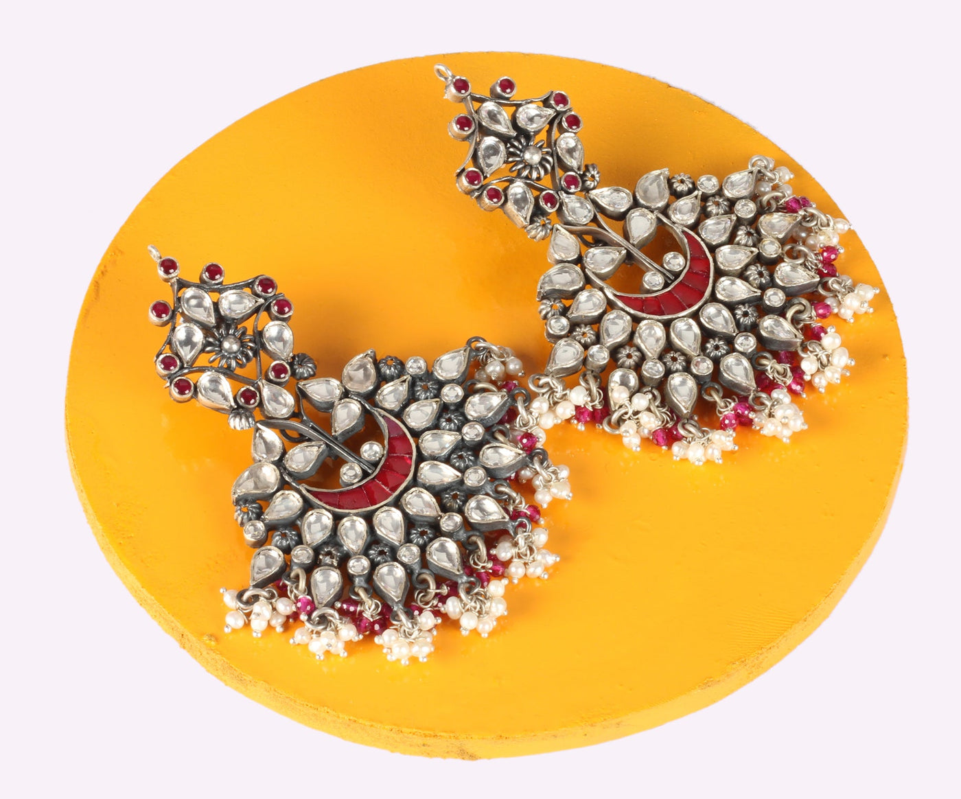 Sangeeta Boochra Red Silver Tone Handmade Earrings with Pearls-Earrings-Sangeeta Boochra