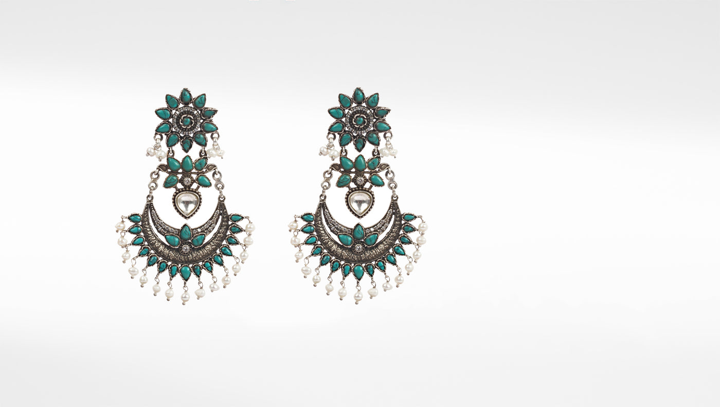 Floral And Chandbali Design Turquoise Gemstone Crafted Silver Earring With Hanging Pearl Beads