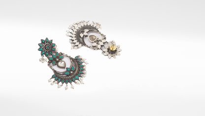 Floral And Chandbali Design Turquoise Gemstone Crafted Silver Earring With Hanging Pearl Beads