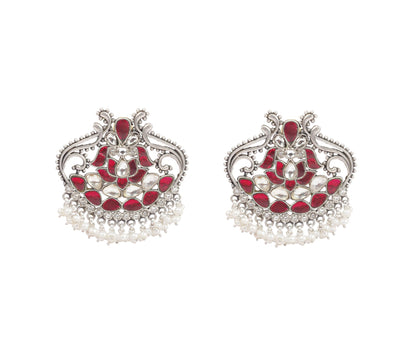 Sangeeta Boochra Red Tribal Silver Earrings-Earrings-Sangeeta Boochra