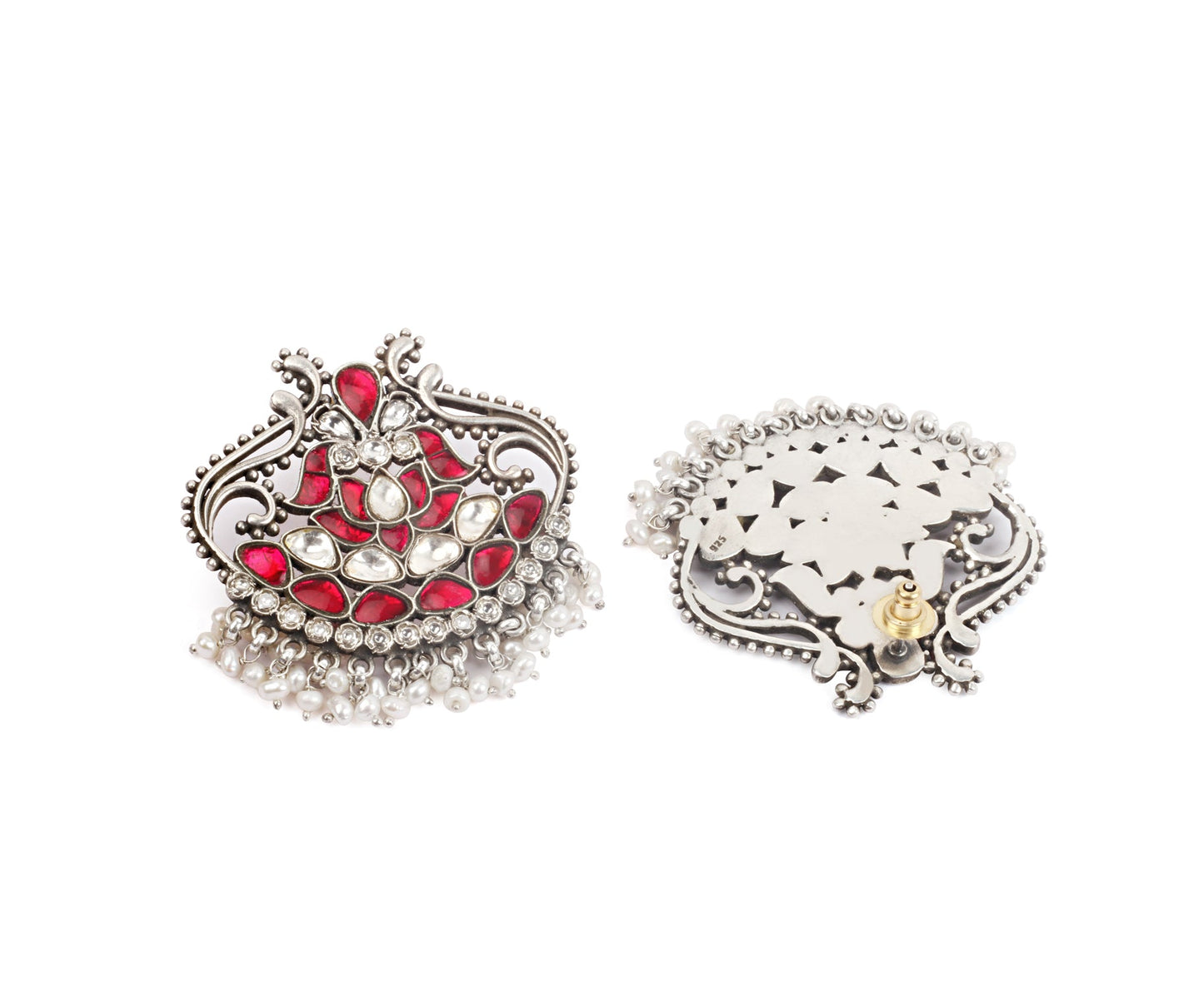 Sangeeta Boochra Red Tribal Silver Earrings-Earrings-Sangeeta Boochra