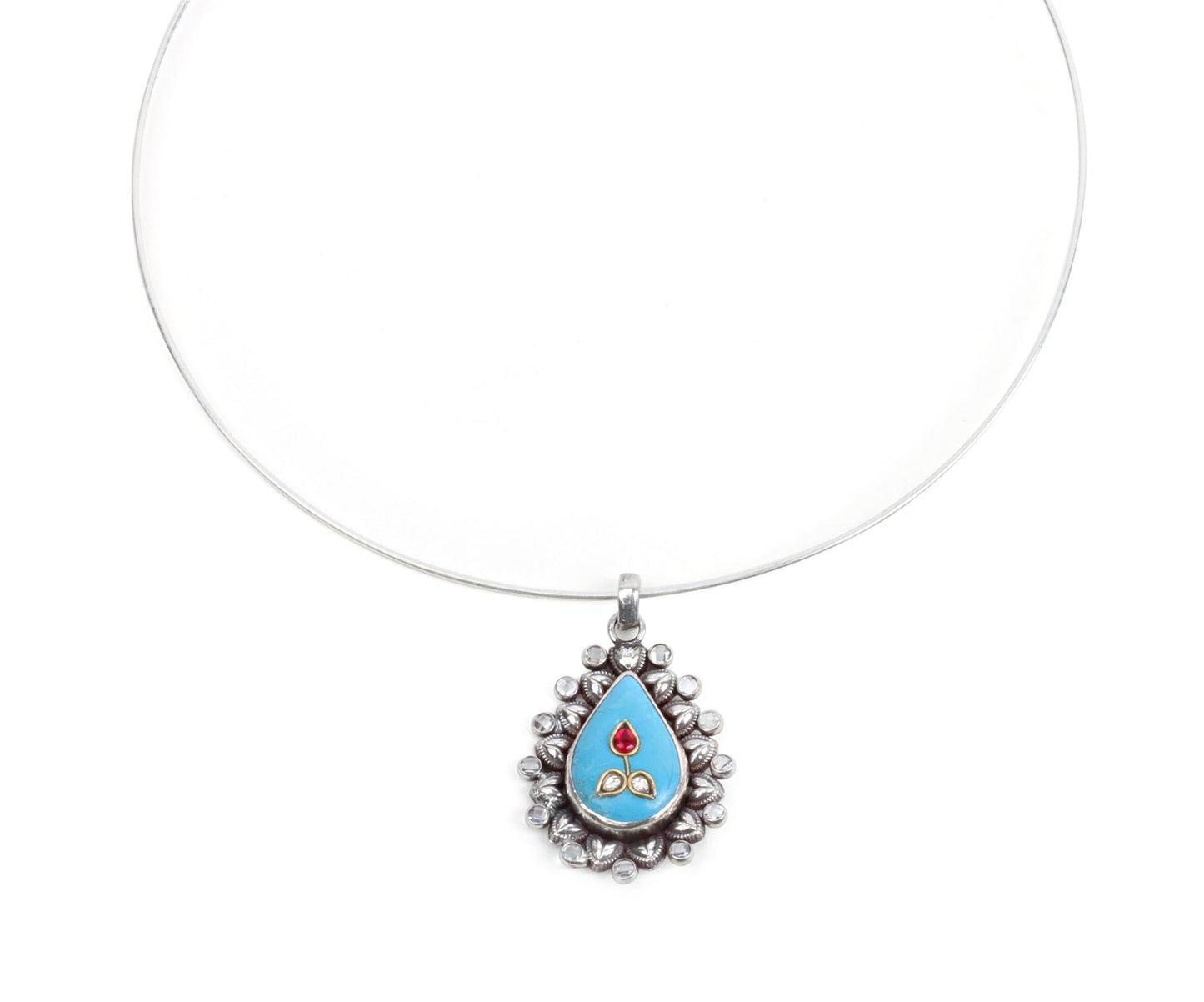 Sangeeta Boochra Tribal Silver Pendant With Turquoise And Hydro Coloured Glass-Pendant-Sangeeta Boochra