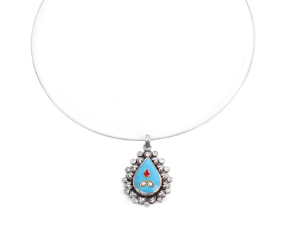 Sangeeta Boochra Tribal Silver Pendant With Turquoise And Hydro Coloured Glass-Pendant-Sangeeta Boochra