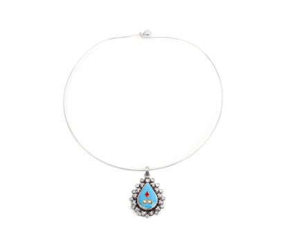 Sangeeta Boochra Tribal Silver Pendant With Turquoise And Hydro Coloured Glass-Pendant-Sangeeta Boochra