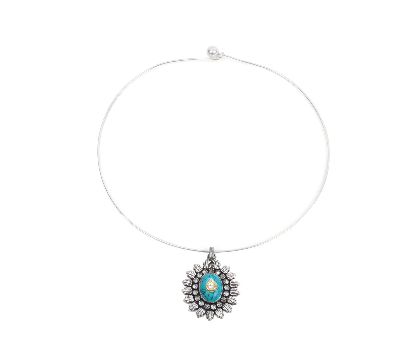 Sangeeta Boochra Kundan Silver Pendant With Turquoise-Pendant-Sangeeta Boochra