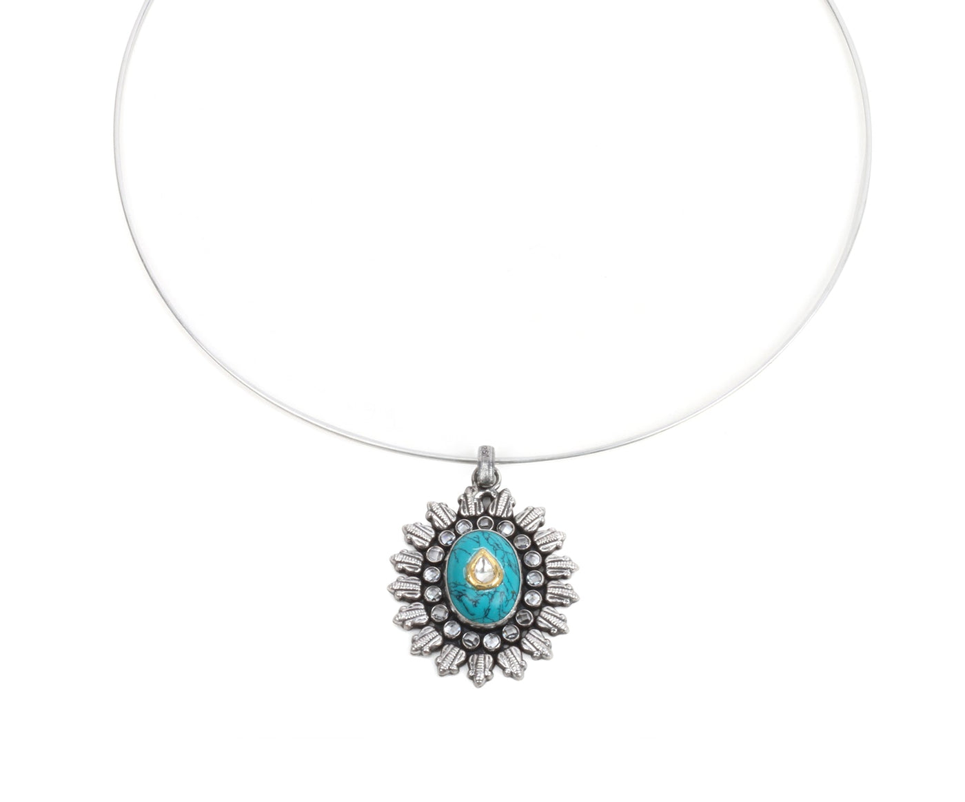 Sangeeta Boochra Kundan Silver Pendant With Turquoise-Pendant-Sangeeta Boochra