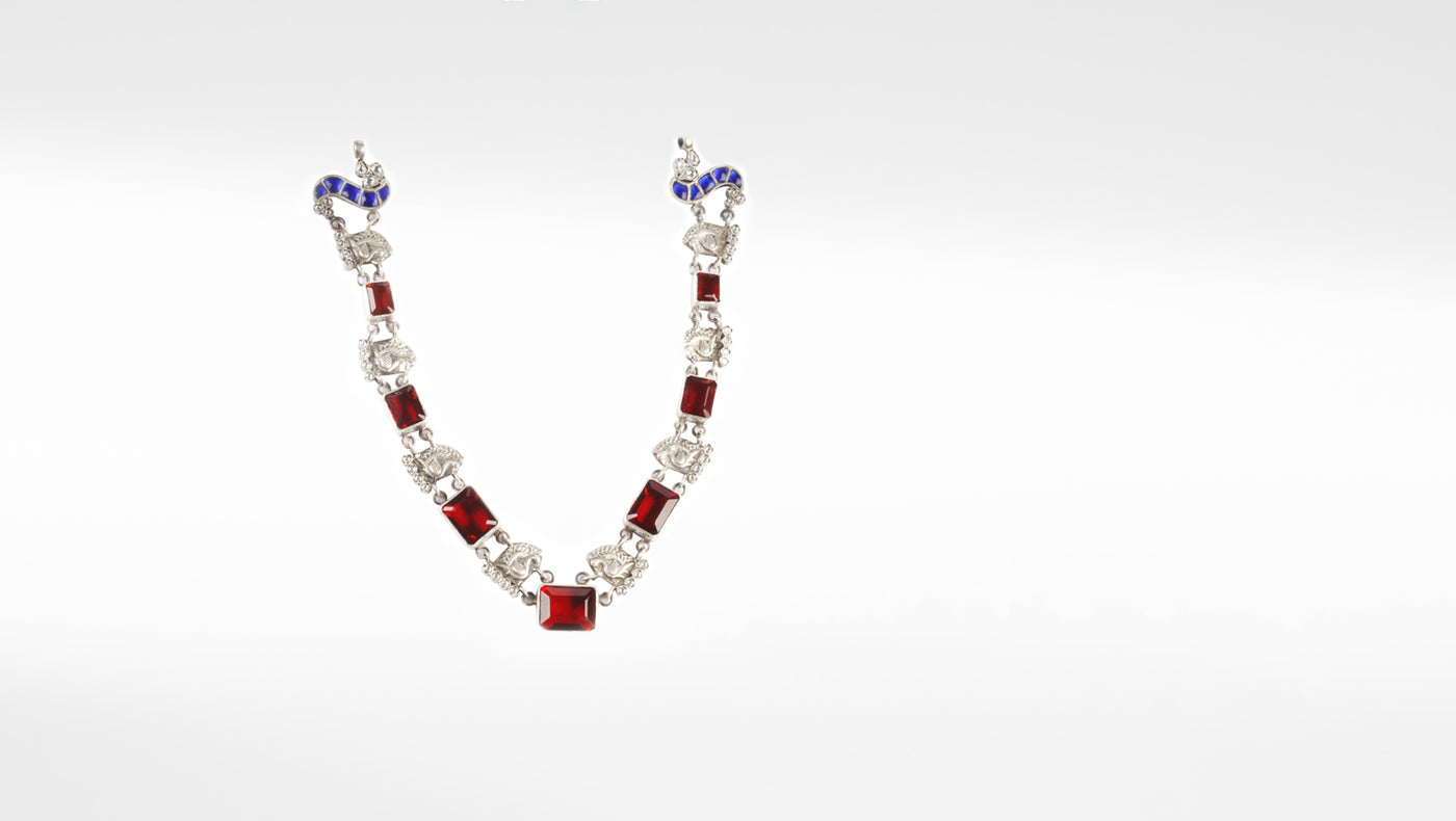 Silver Dhara necklace set with Red Stones