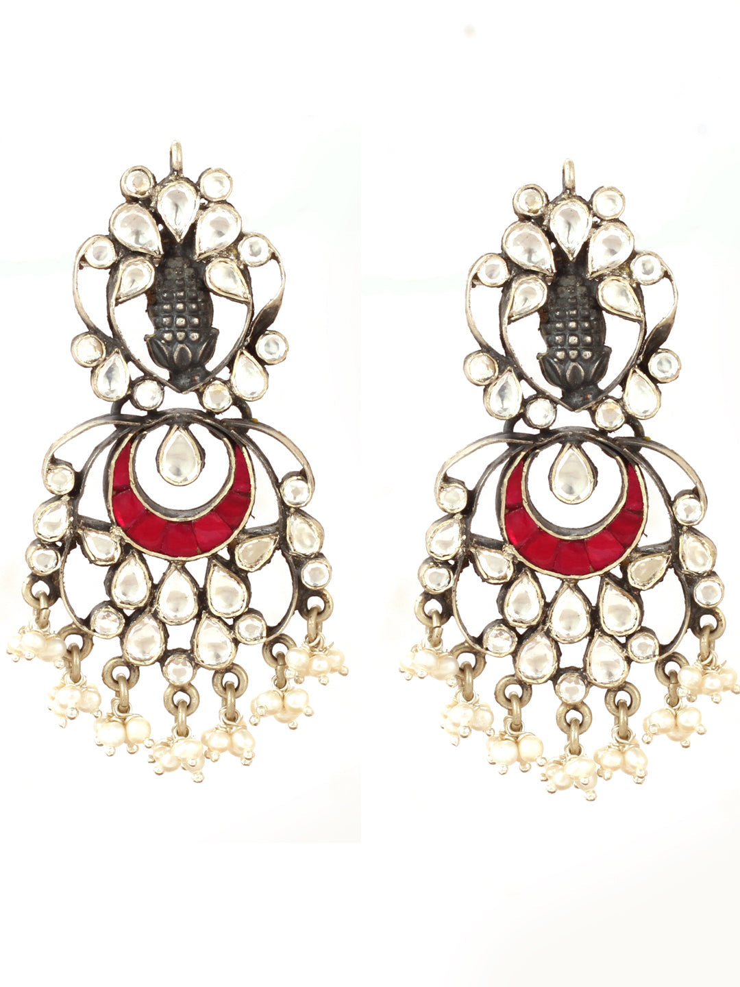 Sangeeta Boochra Red Silver Tone Handmade Earrings with Pearls-Earrings-Sangeeta Boochra