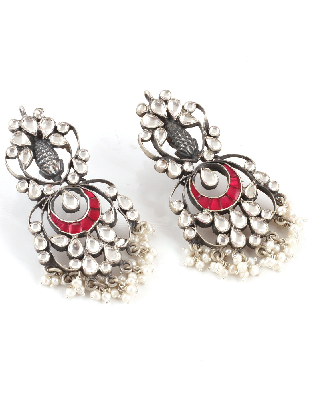 Sangeeta Boochra Red Silver Tone Handmade Earrings with Pearls-Earrings-Sangeeta Boochra