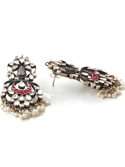 Sangeeta Boochra Red Silver Tone Handmade Earrings with Pearls-Earrings-Sangeeta Boochra