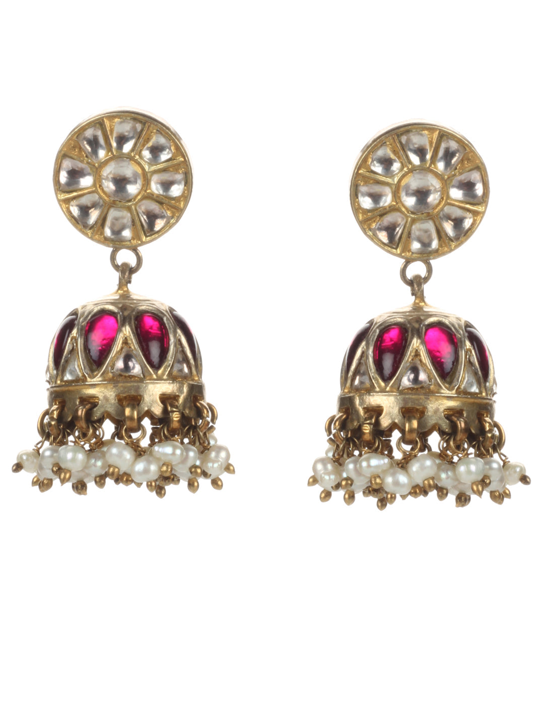 Sangeeta Boochra Red Green Gold Tone Handmade Earrings with Pearls-Earrings-Sangeeta Boochra