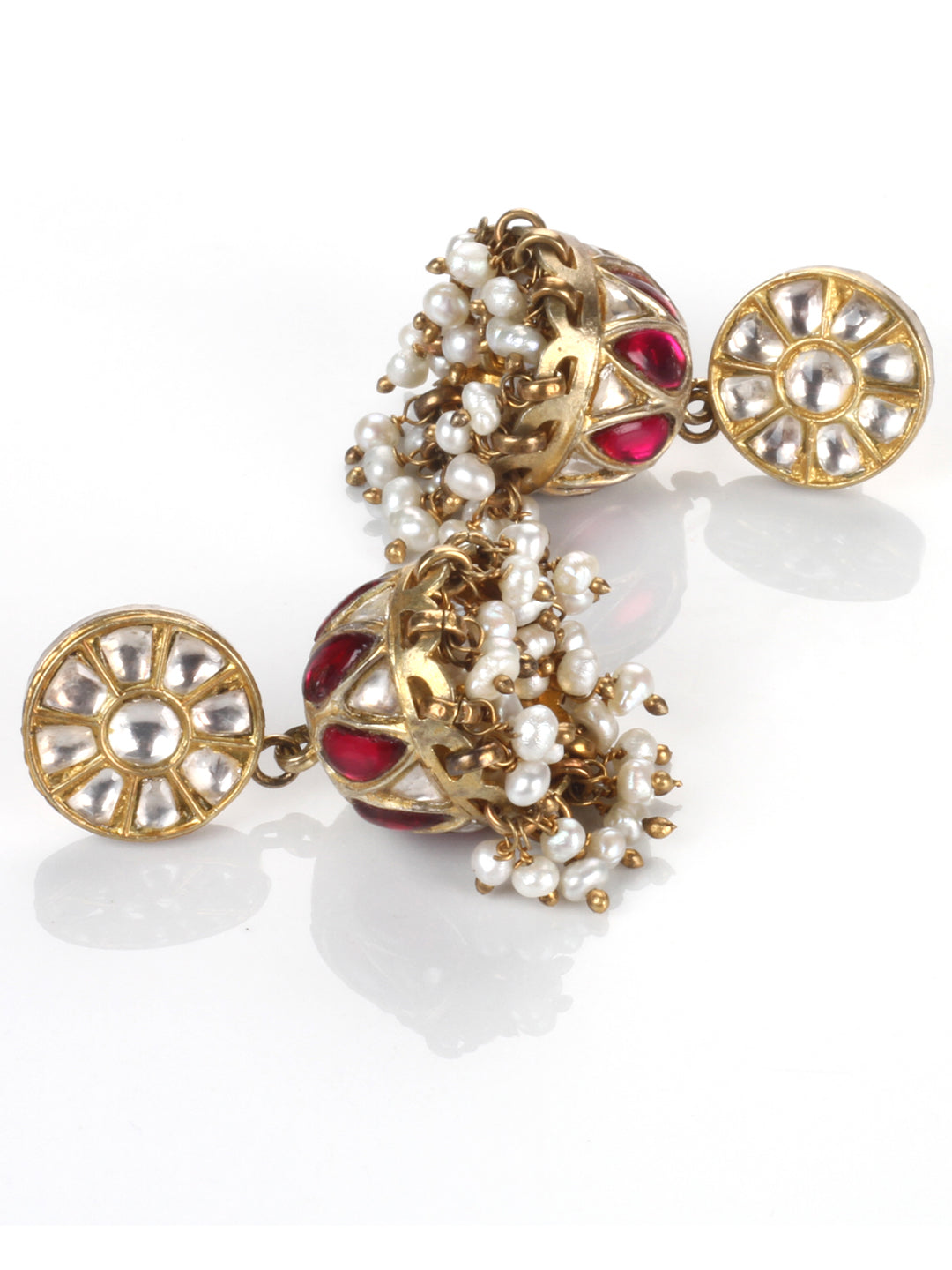 Sangeeta Boochra Red Green Gold Tone Handmade Earrings with Pearls-Earrings-Sangeeta Boochra