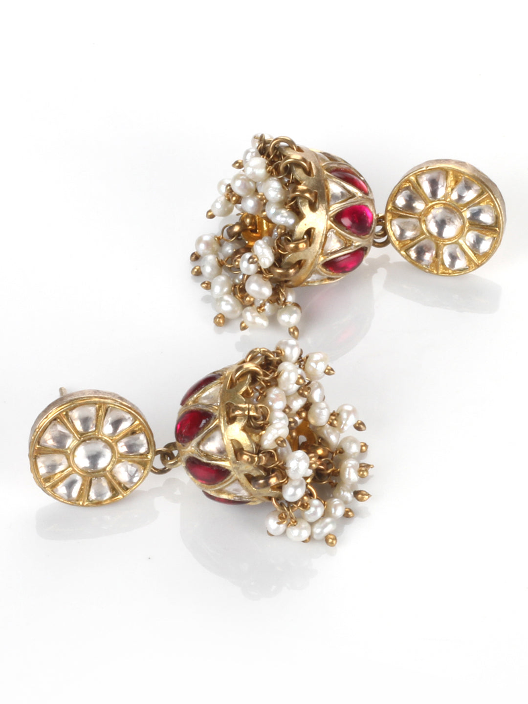 Sangeeta Boochra Red Green Gold Tone Handmade Earrings with Pearls-Earrings-Sangeeta Boochra