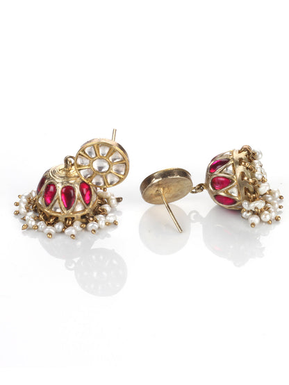 Sangeeta Boochra Red Green Gold Tone Handmade Earrings with Pearls-Earrings-Sangeeta Boochra