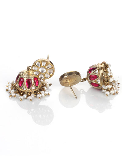Sangeeta Boochra Red Green Gold Tone Handmade Earrings with Pearls-Earrings-Sangeeta Boochra