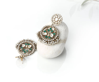 Sangeeta Boochra Red Green Silver Tone Handmade Earrings with Pearls-Earrings-Sangeeta Boochra