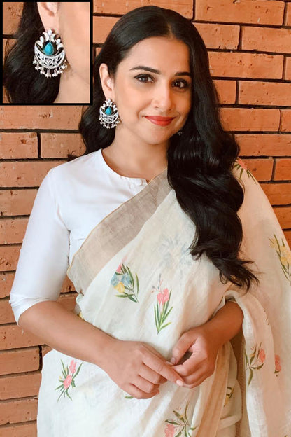 Vidya Balan in Silver Earrings With Pearls Stone-Earrings-Sangeeta Boochra