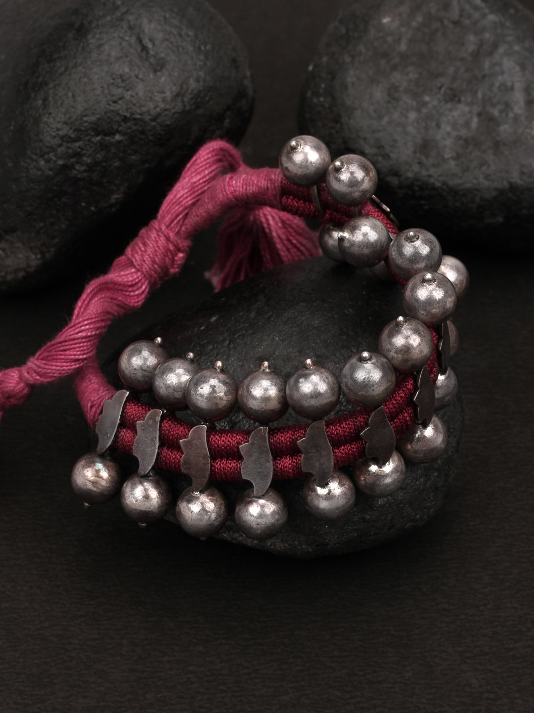 Sangeeta Boochra Pink Tribal Silver Adjustable Bracelet-Bracelets-Sangeeta Boochra