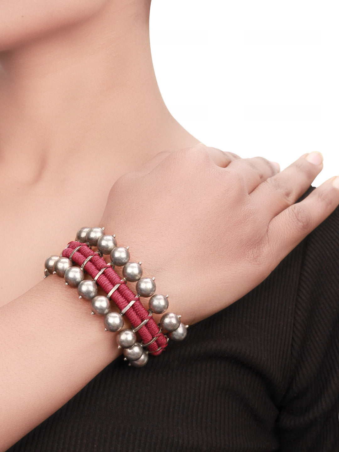 Sangeeta Boochra Pink Tribal Silver Adjustable Bracelet-Bracelets-Sangeeta Boochra