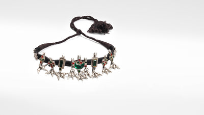 Sangeeta Boochra Green Tribal Silver Choker Necklace With Emerald