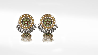 Silver Jhumki Earring Pair With Pearls And Ghungroo Drops. Mix Gemstone Earrings With Gold Plated Sunflower Design