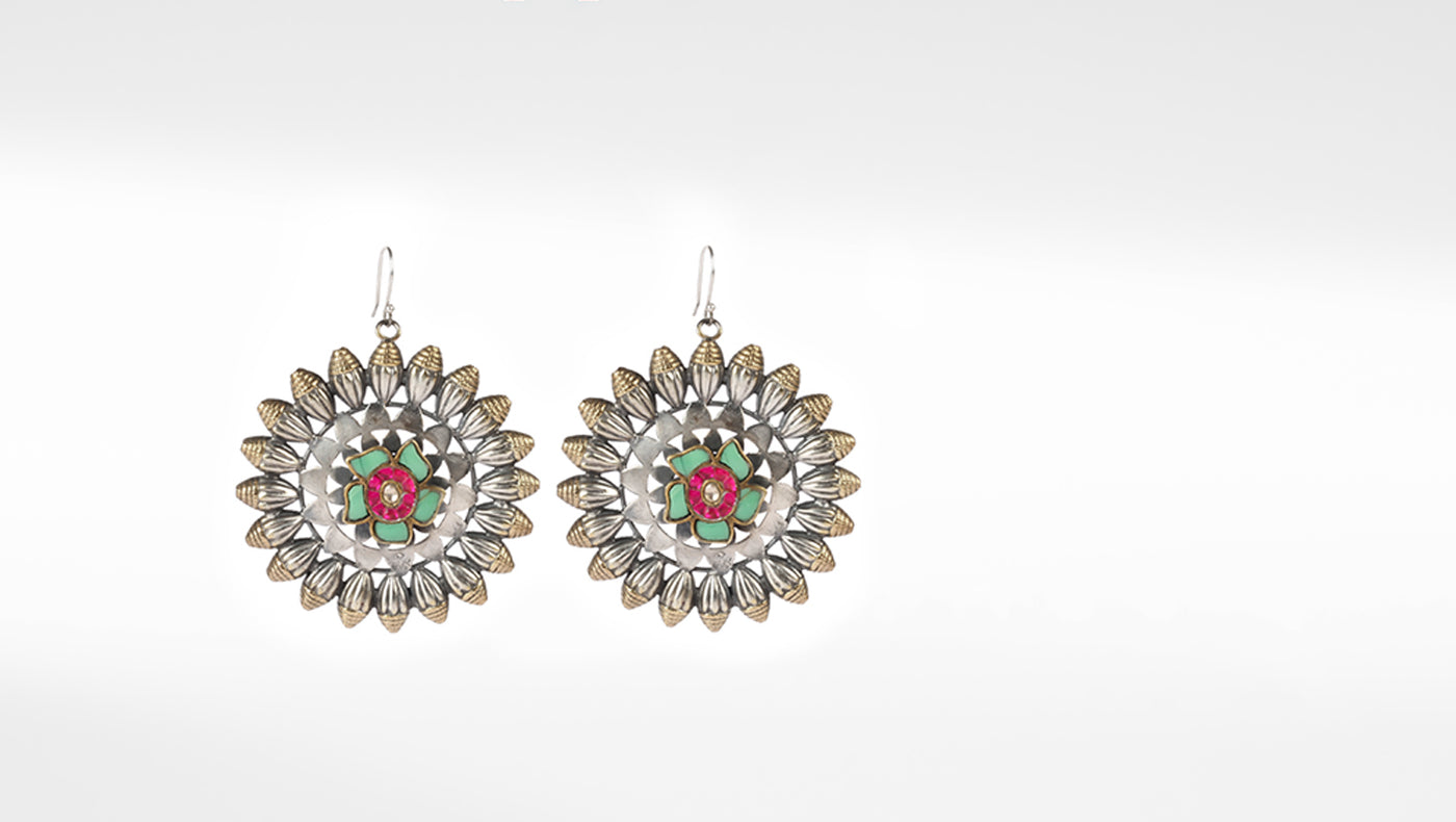 Medium Hook Silver Jhumka Earrings Studded With Mix Gemstone Set In Floral Design