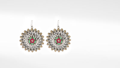 Medium Hook Silver Jhumka Earrings Studded With Mix Gemstone Set In Floral Design