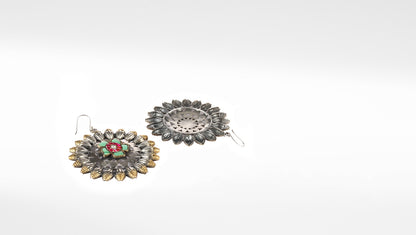 Medium Hook Silver Jhumka Earrings Studded With Mix Gemstone Set In Floral Design