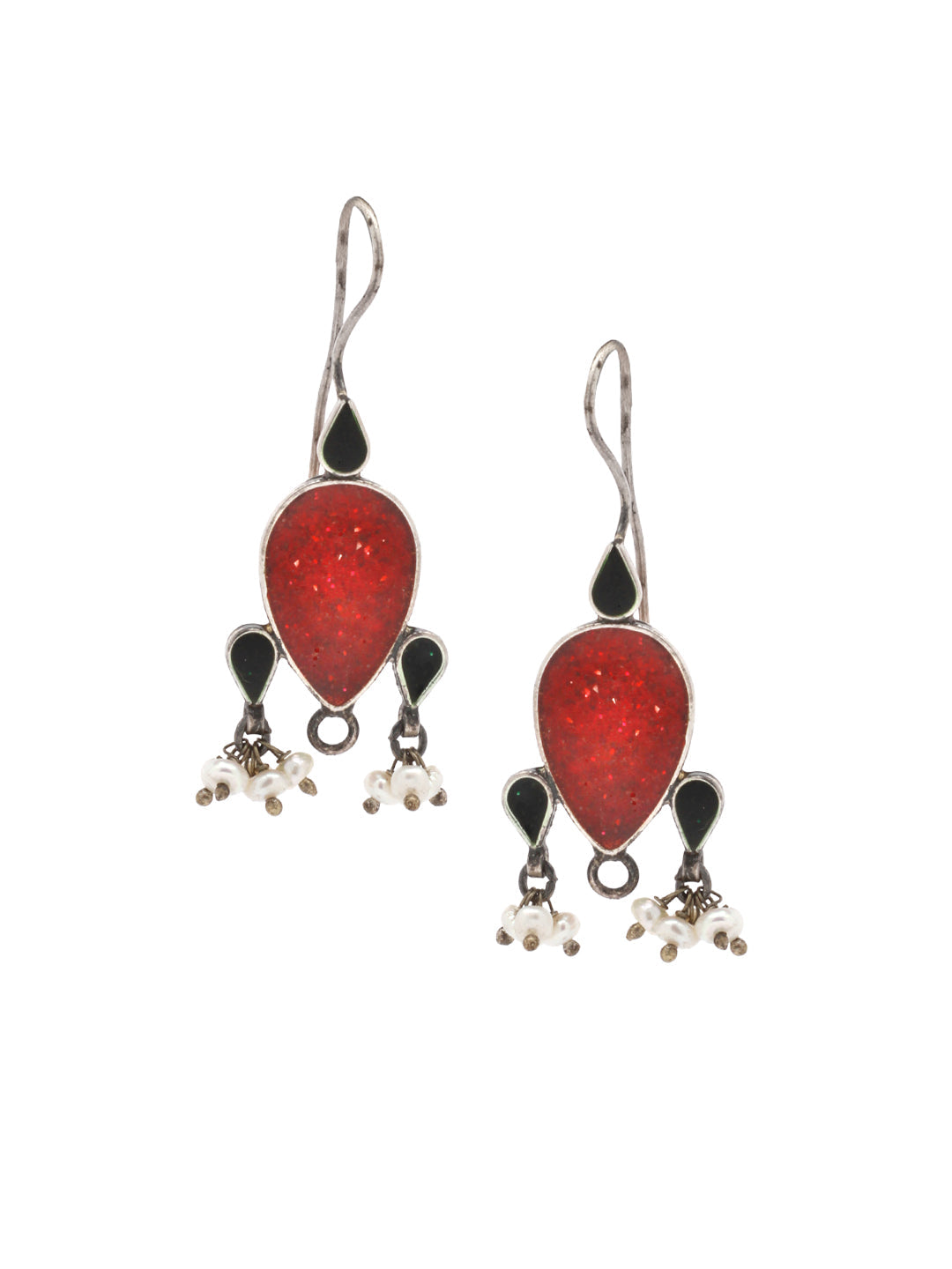 Sangeeta Boochra Red Tribal Silver Earrings-Earrings-Sangeeta Boochra